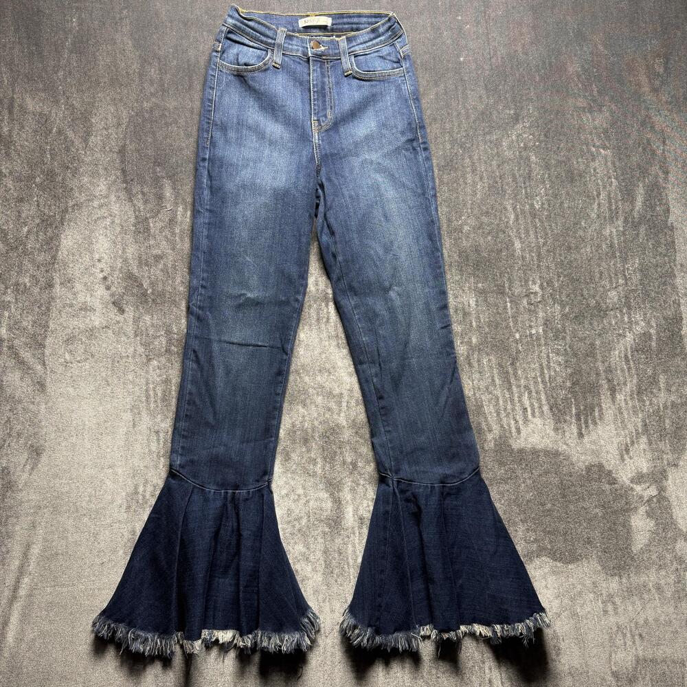 SJ STYLE Jeans Juniors 5 W26 Blue Mid Rise Fringe Flare Stretch Denim Pants